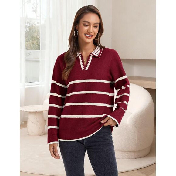 Women’s Burgundy Fall Polo Sweater Striped V Neck Long Sleeve Pullover - Picture 4 of 6